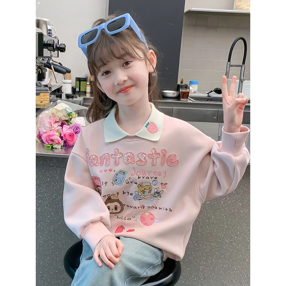 女童卫衣春秋款2025新款洋气儿童秋装小女孩秋季宽松POLO领上衣潮