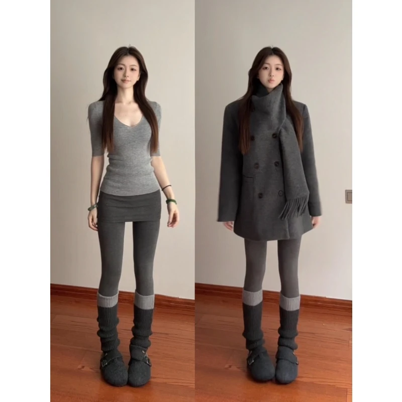 MARIE.COCO韩系复古设计感毛呢外套内搭V领上衣百搭半身裙女套装