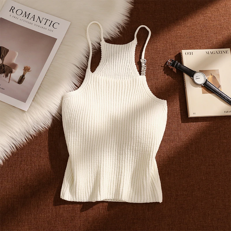 法式辣妹针织字母吊带背心女内搭外性感美背显瘦设计感打底上衣