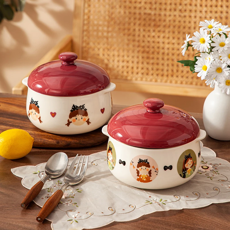 复古女孩高颜值可爱陶瓷双耳泡面碗带盖家用方便面碗餐具大容量