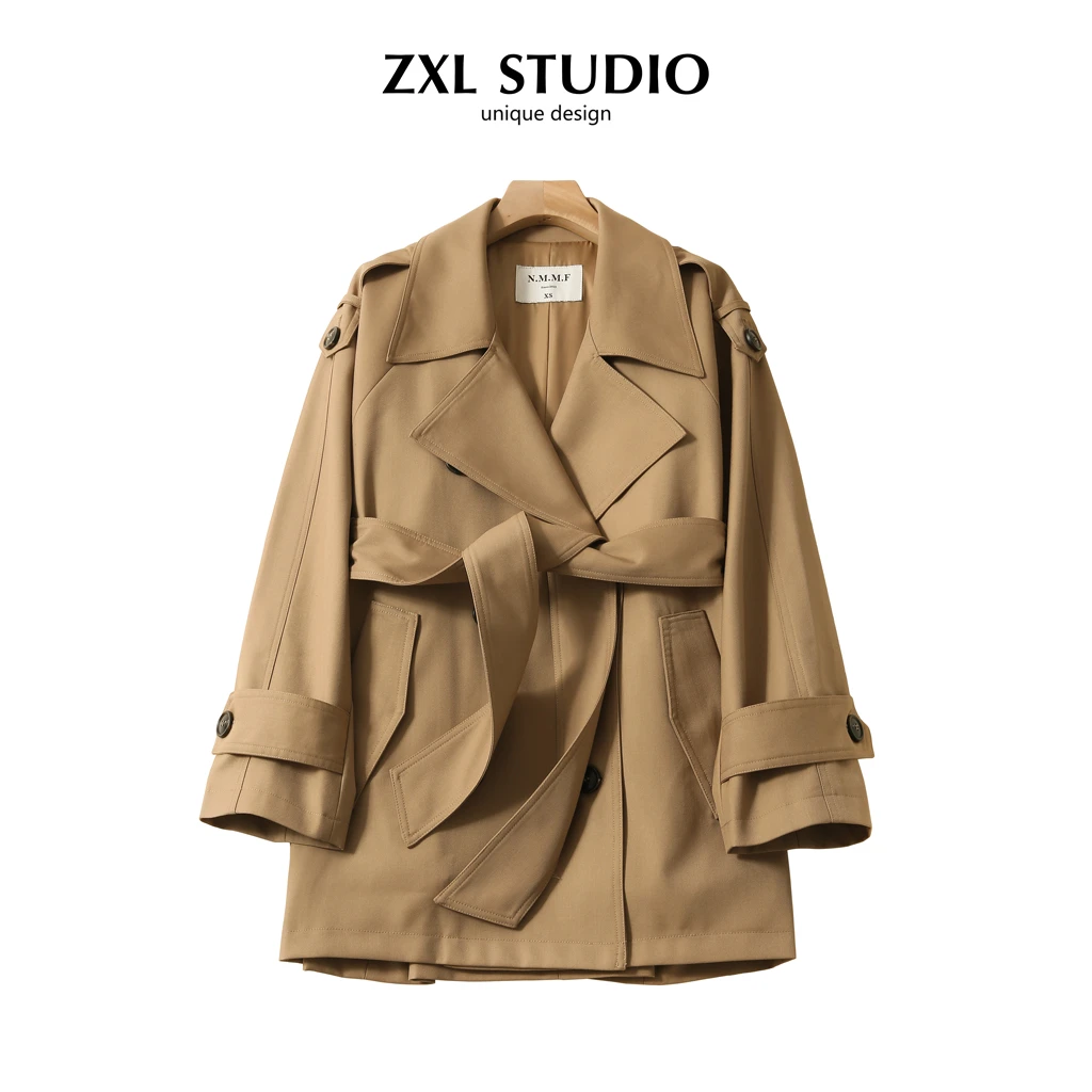 ZXLSTUDIO 新款巴黎旧梦经典廓形大翻领双排扣短款气质风衣外套女