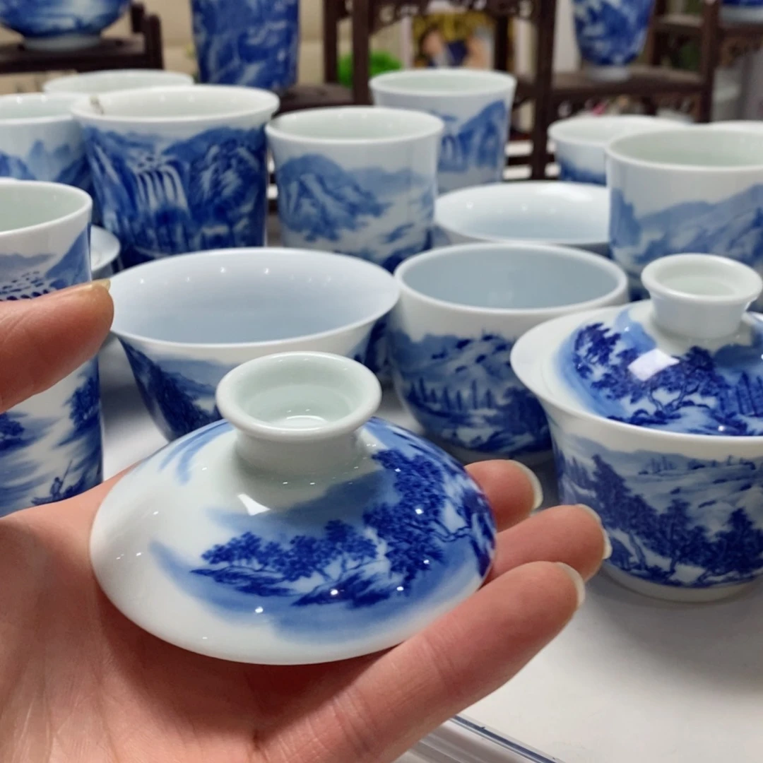 夏***?青花山水盖子杯碗杯碗瓢