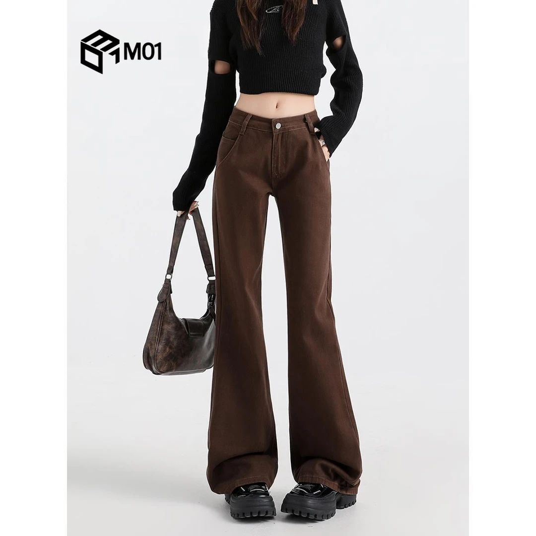 M01美式辣妹棕色微喇牛仔裤女秋冬款高腰宽松显瘦拖地直筒喇叭裤