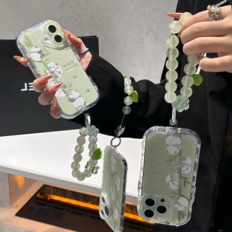 绿竹熊猫手链适用适用苹果15/16promax手机壳vivo华为oppo小米14