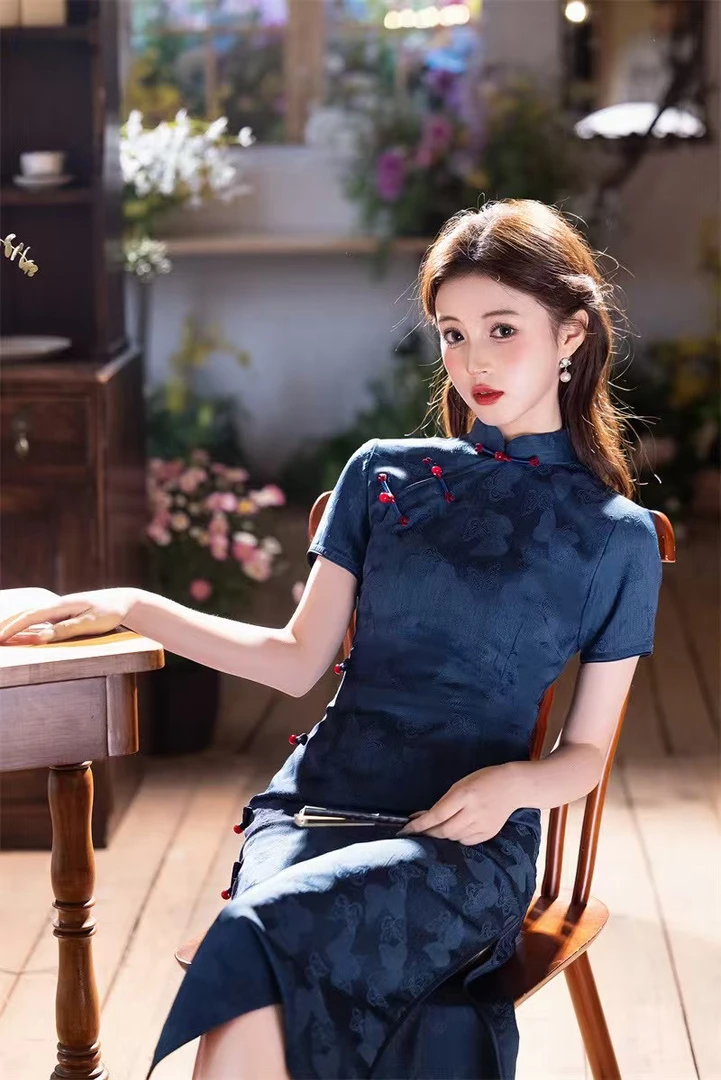 2025提花纯色中式中国风旗袍日常植物花卉时尚小个子中长款长旗袍