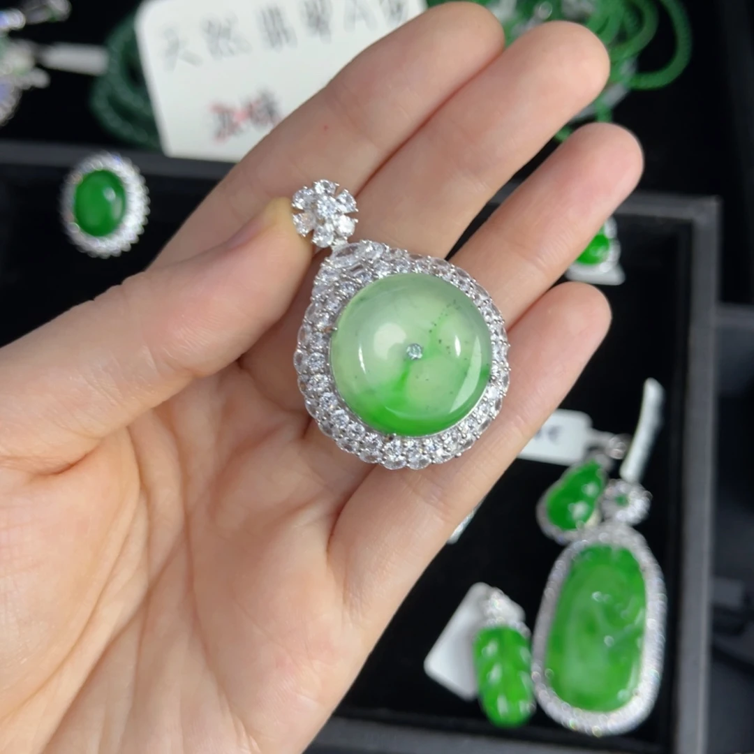翡翠银S925镶嵌戒指平安扣吊坠