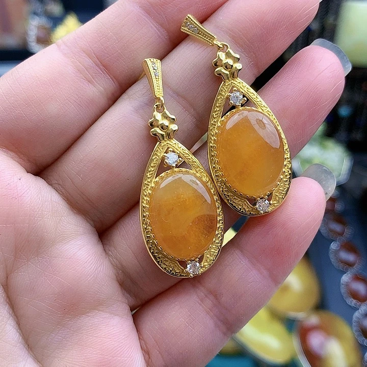 琥珀裸石银S925镶嵌耳坠