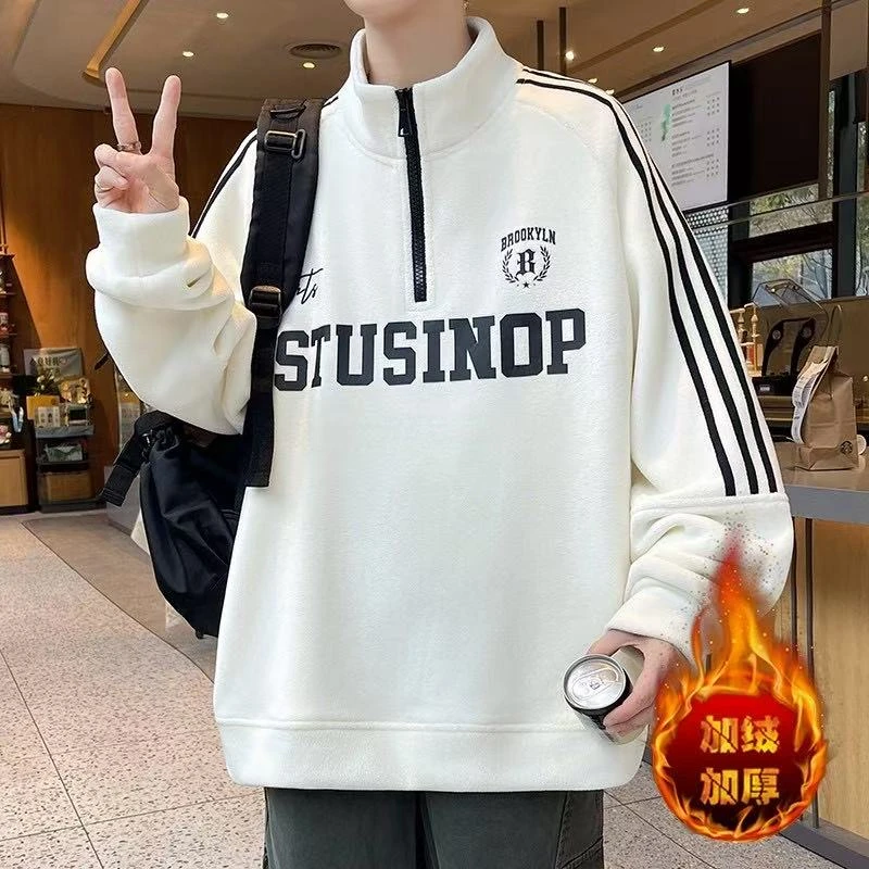 秋冬季青少年半高领奥粒绒卫衣加绒加厚保暖学生宽松百搭打底上衣