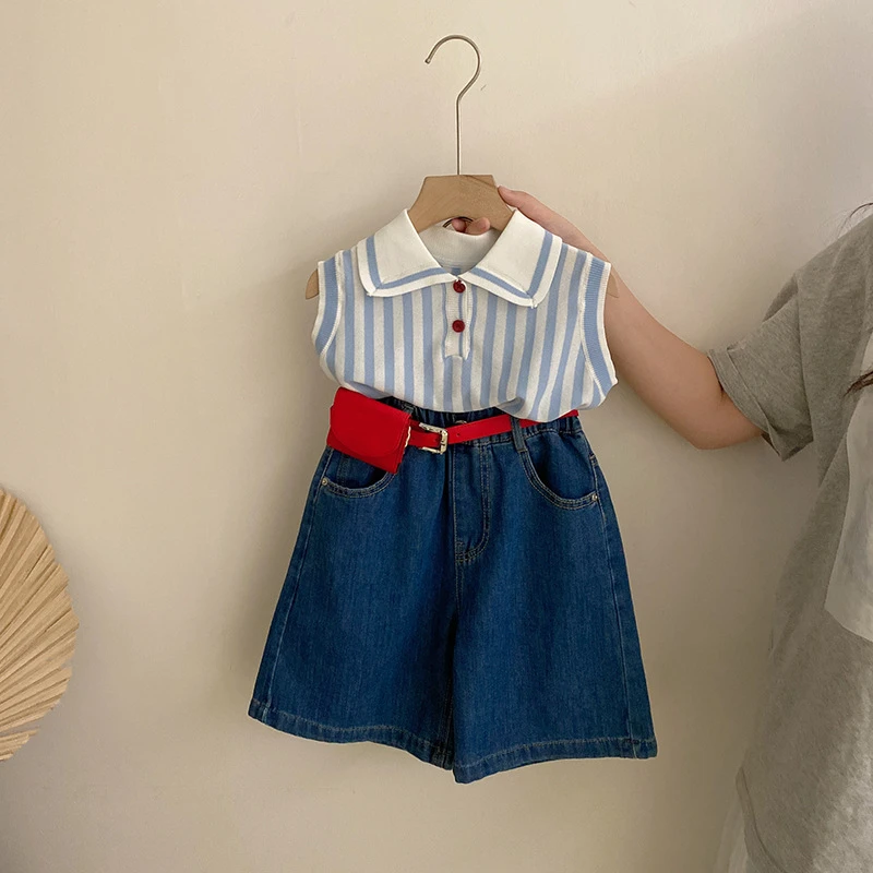 【安安家】女童夏季新款条纹POLO领背心牛仔五分短裤两件套Z-TQ01