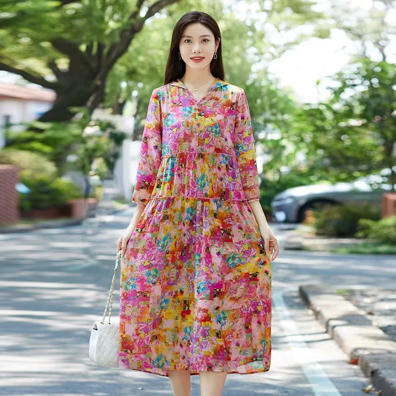 妈妈装连衣裙丝缎高工艺防嗮连帽空调裙【连帽花粉裙】PS