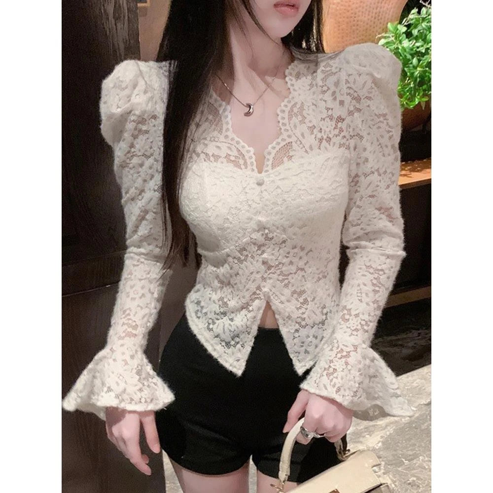 低领蕾丝打底衫女内搭皮草秋冬磨毛V领泡泡袖短款带胸垫加绒上衣