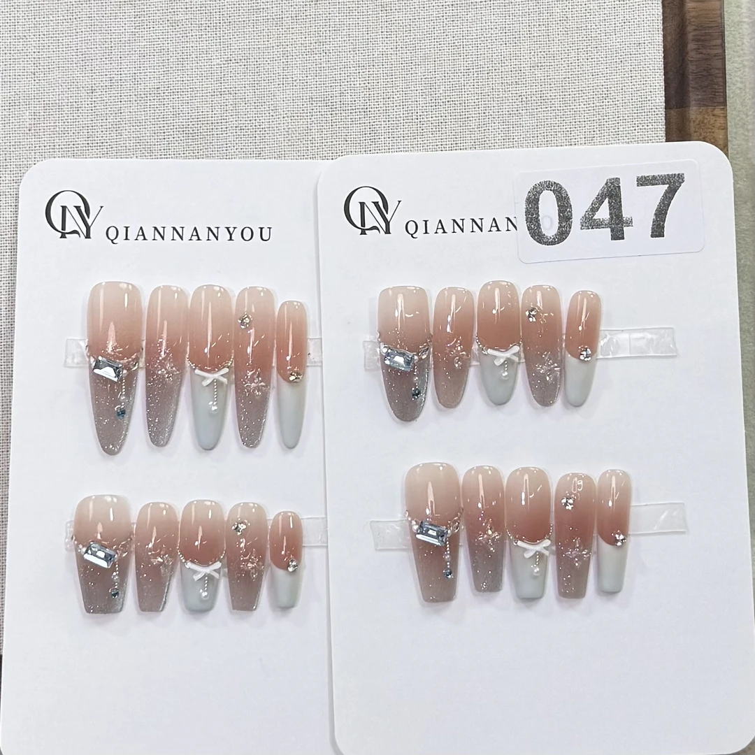 纯手工穿戴甲爆闪奶油法式047no退no换