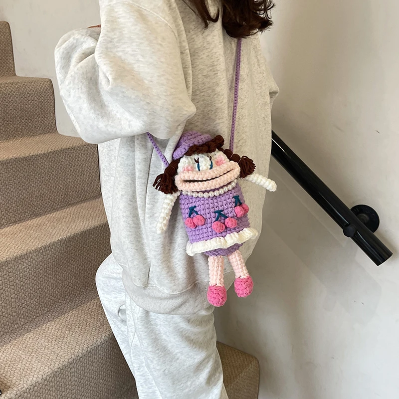 卡通网红紫色大嘴妹手机包亲子儿童斜挎包手工钩织毛线包公主背包