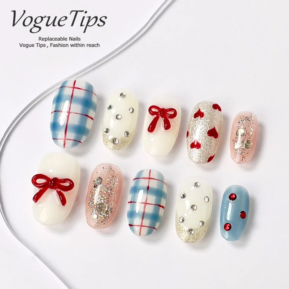 VogueTips 冰晶格短款纯手工穿戴甲夏天多巴胺学生风短椭圆ZB474