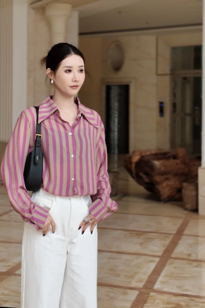 粉色条纹衬衫2025春夏复古印花港风长袖时尚中长款防晒衣休闲女装