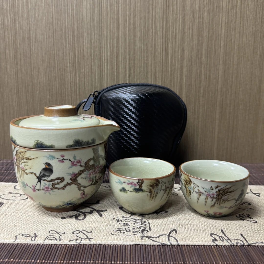G054陶瓷旅行茶具套装满彩喜上眉梢一壶三杯带旅行包包D