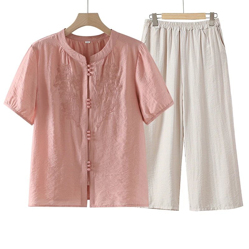 套装女2025夏季新款中年妈妈装刺绣衬衣裤子女33080