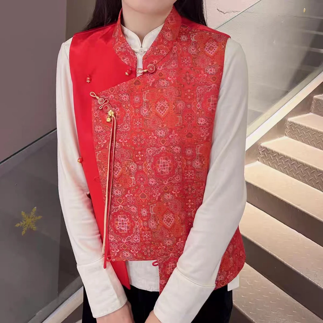 864八达韵高级感国潮风斜襟马甲女新款春季红色上衣