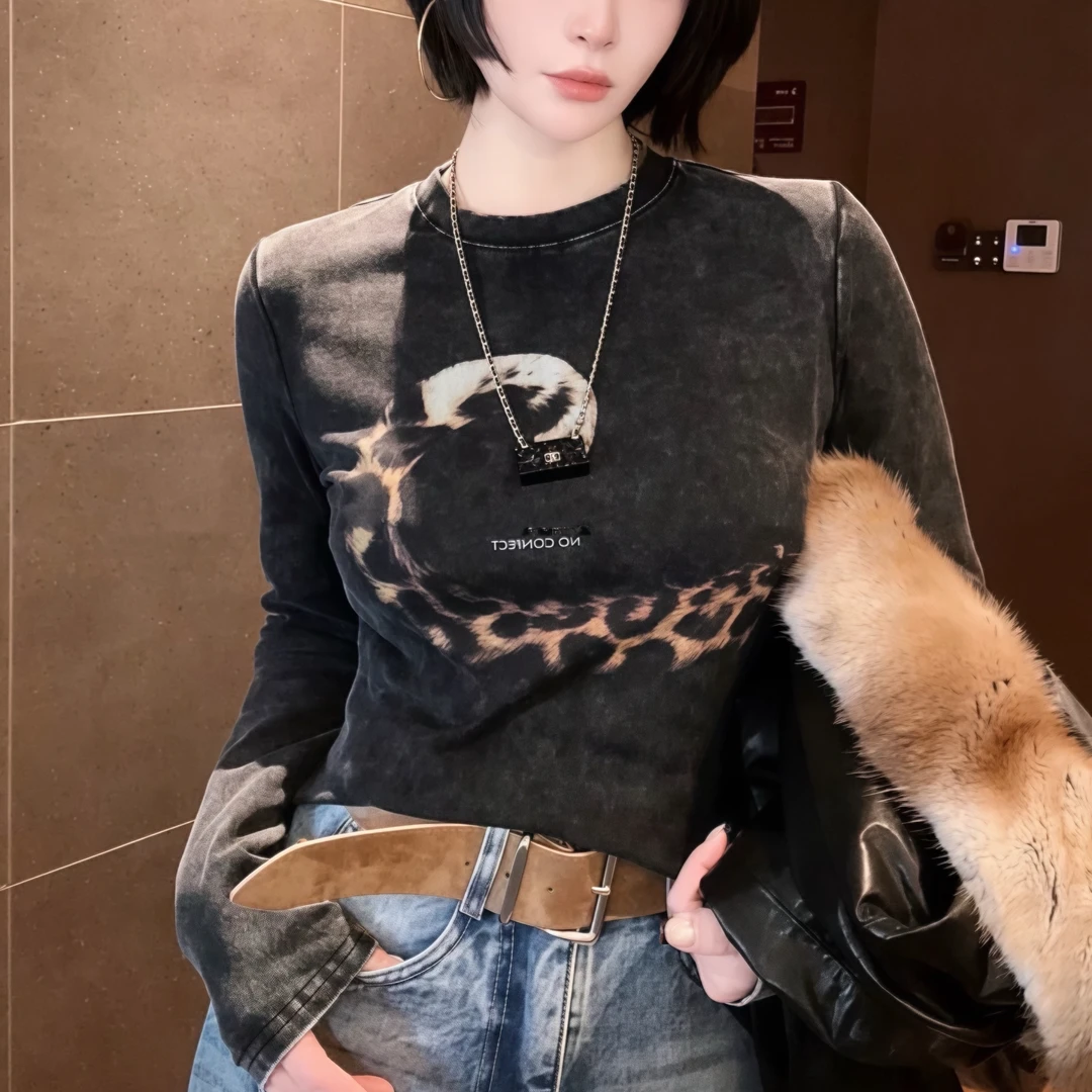美式辣妹豹纹印花长袖t恤女2025秋冬新款时尚百搭显瘦打底衫上衣