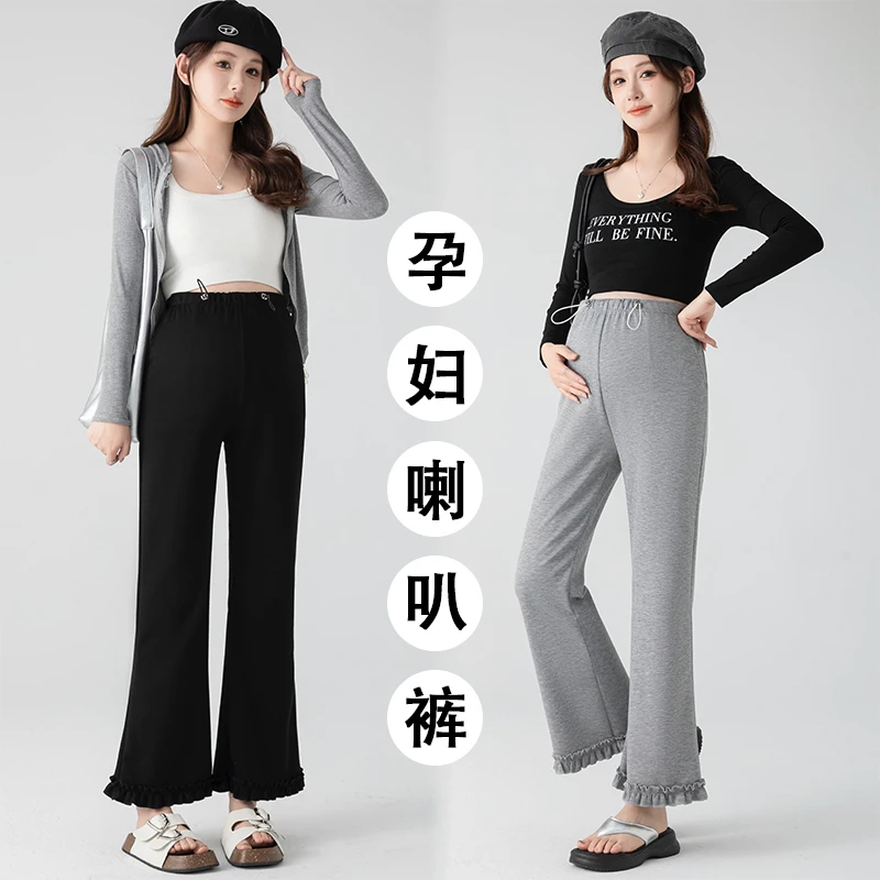孕妇喇叭裤2025春夏新款孕妇无托腹高腰显瘦百搭木耳边微喇裤