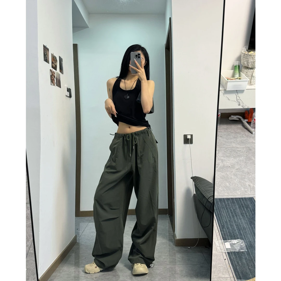 春季宽松高腰长裤垂感直筒阔腿裤时尚拖地裤时尚炸街抽绳休闲裤女