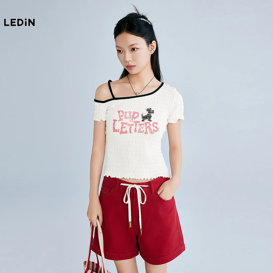 乐町抽皱斜肩短袖T恤夏设计感修身上衣短袖C2CNF2507