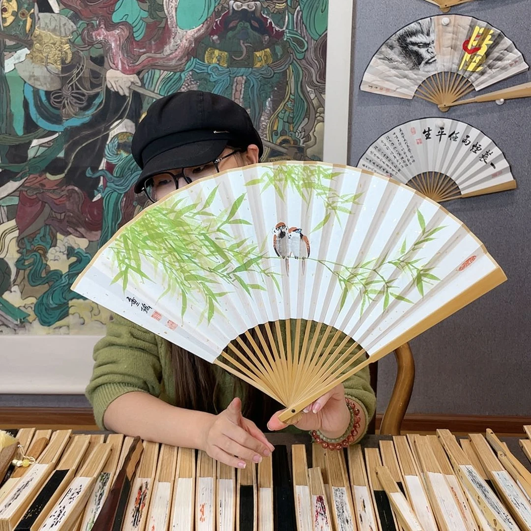 国画95寸玉竹-纯手绘-文玩扇骨（默认粘好）