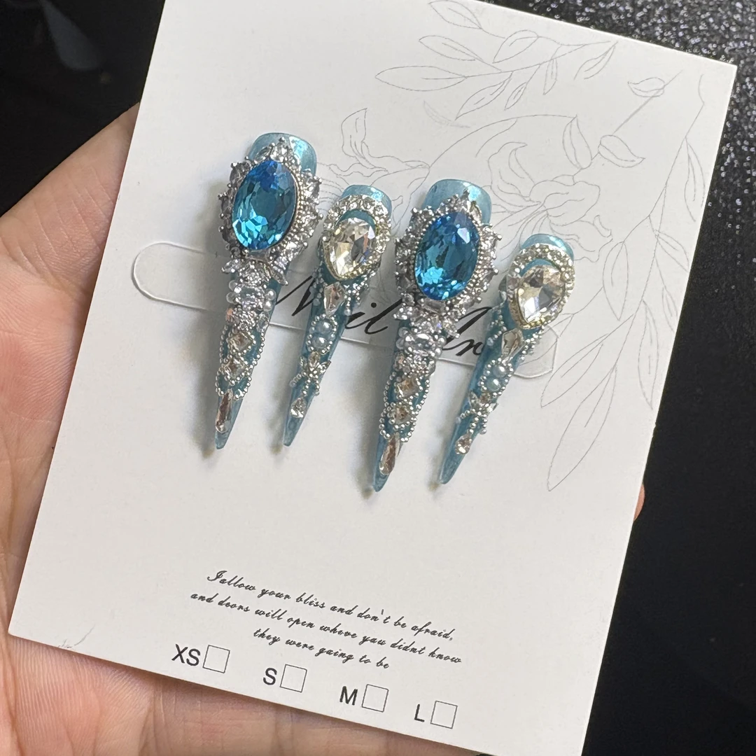 蓝烟 爆闪锆石立体长款手工穿戴甲清透夏季新款嬛嬛美甲日常高级