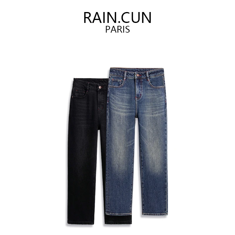 RAIN.CUN秋冬九分烟管牛仔裤女高腰弹力直筒显瘦时尚法棍裤11853