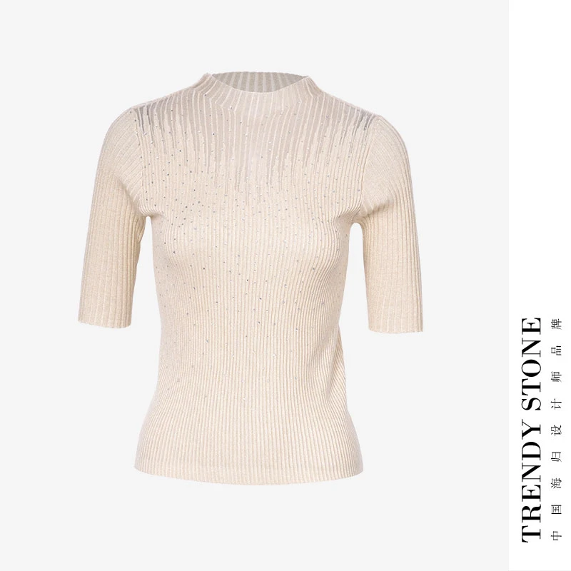 潮石新款羊毛衫显瘦镂空烫钻网纱半高领针织上衣TW780754C