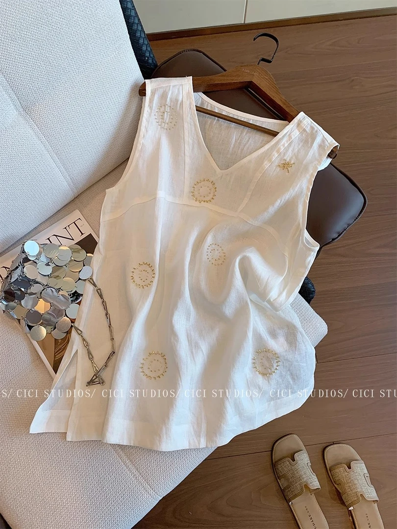 设计感慵懒风v领亚麻无袖衬衫背心上衣女夏季老钱风休闲白色马甲