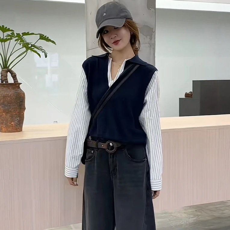 韩系设计感条纹假两件拼接衬衫女装2025秋季超好看洋气小众上衣