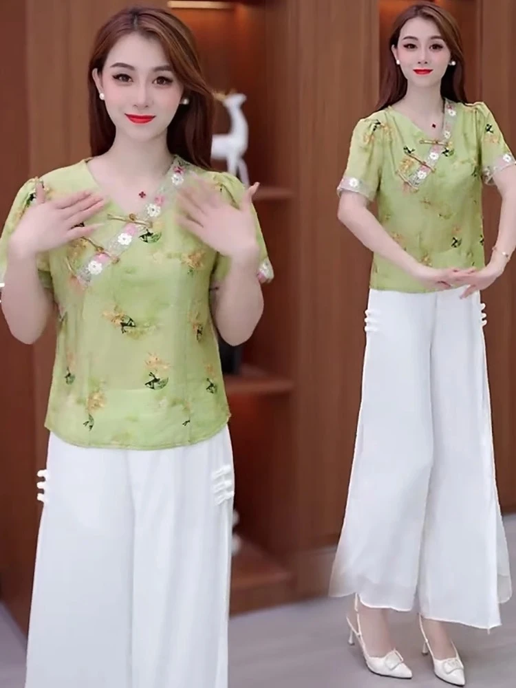 新中式国风套装女2025夏季新款洋气显瘦V领印花衬衫阔腿裤两件套