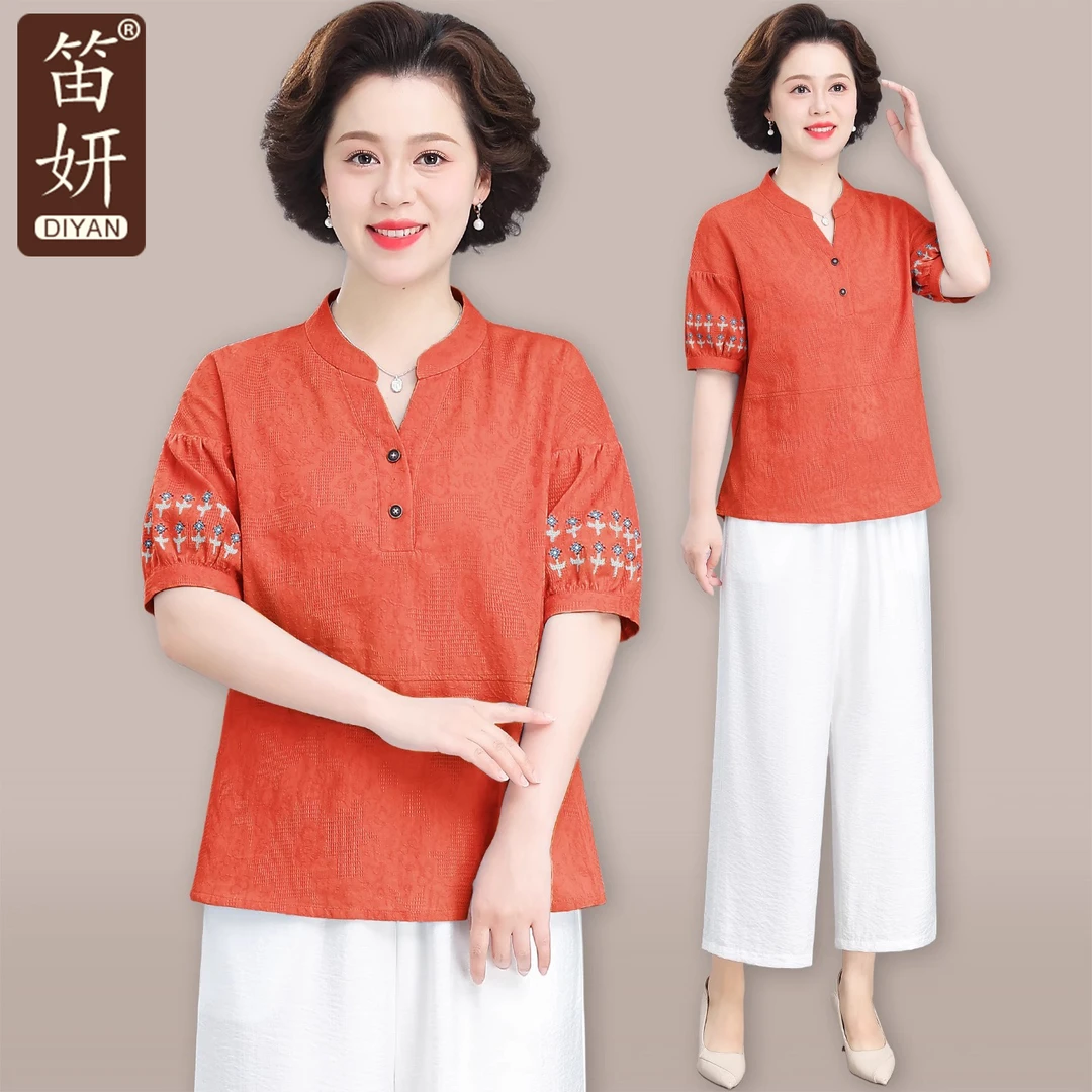 纯棉妈妈装夏短袖上衣中老年人棉麻V领T恤小衫女装贵夫人两件套装