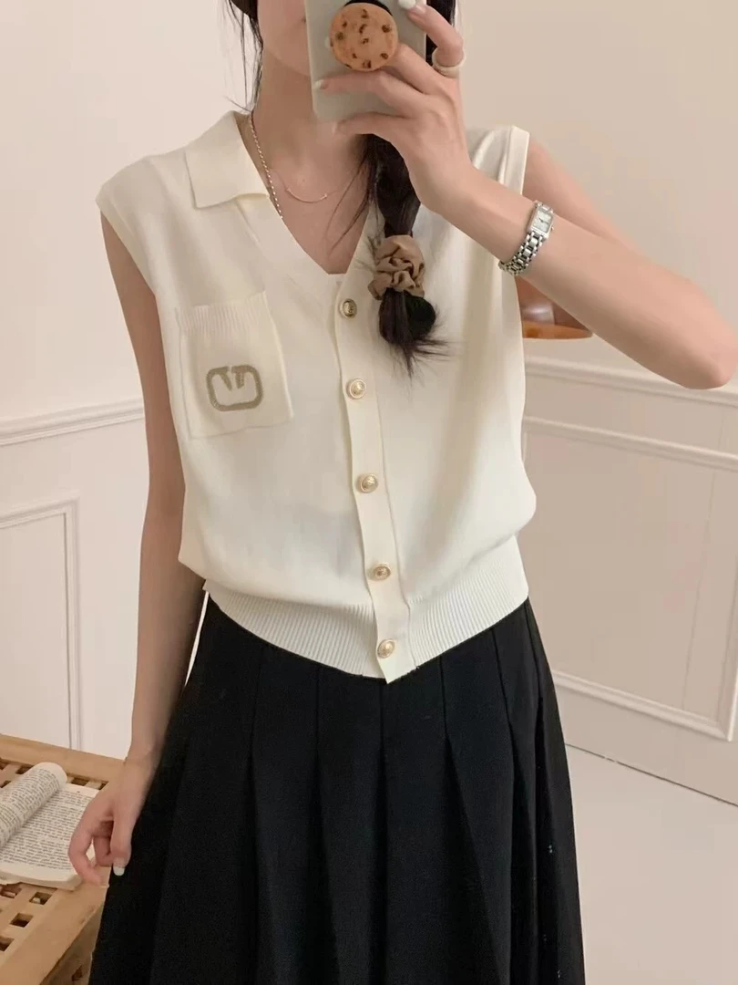 1477大码女装夏季新款翻领无袖设计洋气针织开衫韩系气质短袖上衣