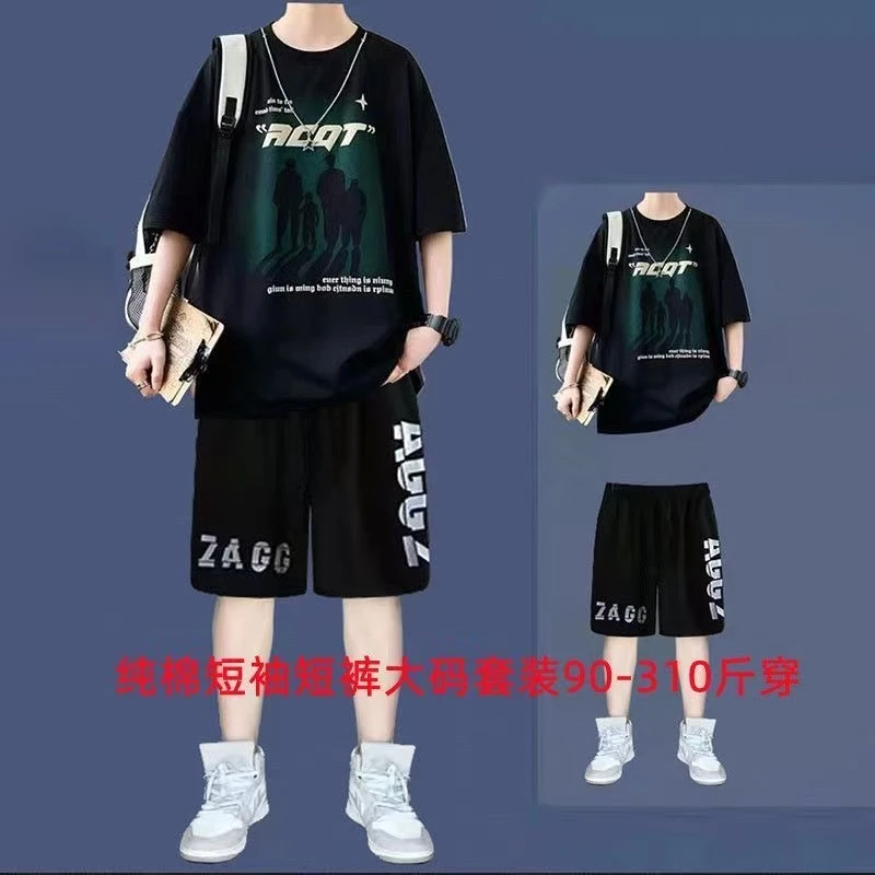 新款夏季男士宽松运动套装纯棉大码夏季一整套青少年短袖t恤男生