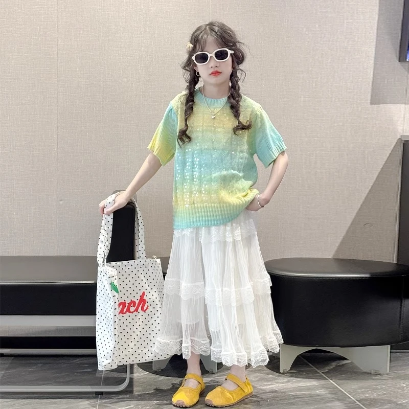 女童针织衫短袖2025夏季新款洋气儿童超好看T恤女孩百搭上衣大童