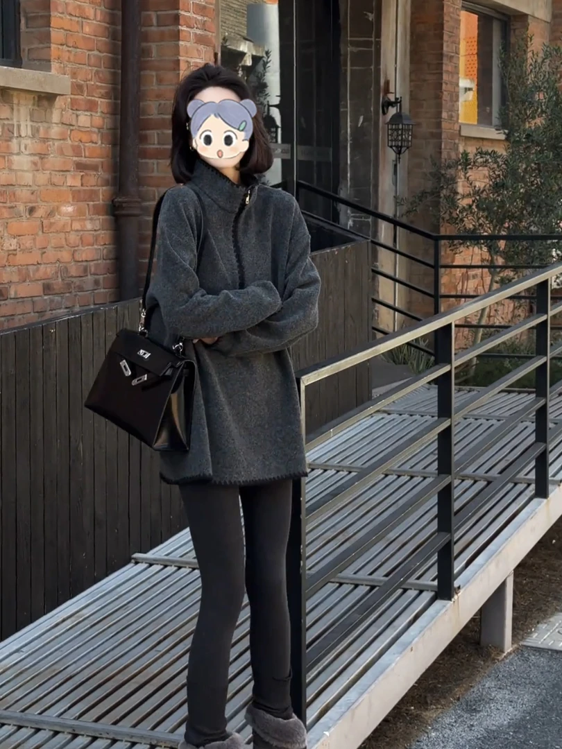 休闲慵懒风半拉链立领卫衣女2025秋冬新款时尚洋气显瘦中长款上衣