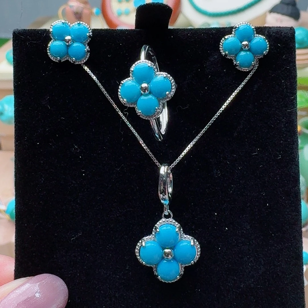 绿松石银S925镶嵌高瓷蓝四叶草耳钉戒指吊坠套装