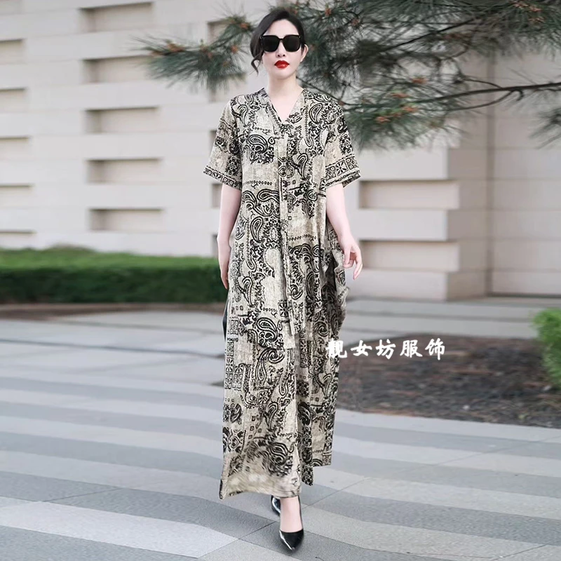 高级感原创设计大码两件套装夏季新款中长款衬衫V领上衣搭阔腿裤