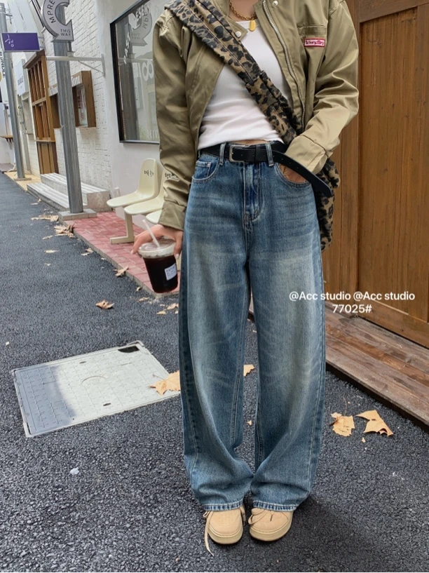 微弹力水洗长裤牛仔裤做旧春秋百搭直筒裤休闲韩版高腰设计感