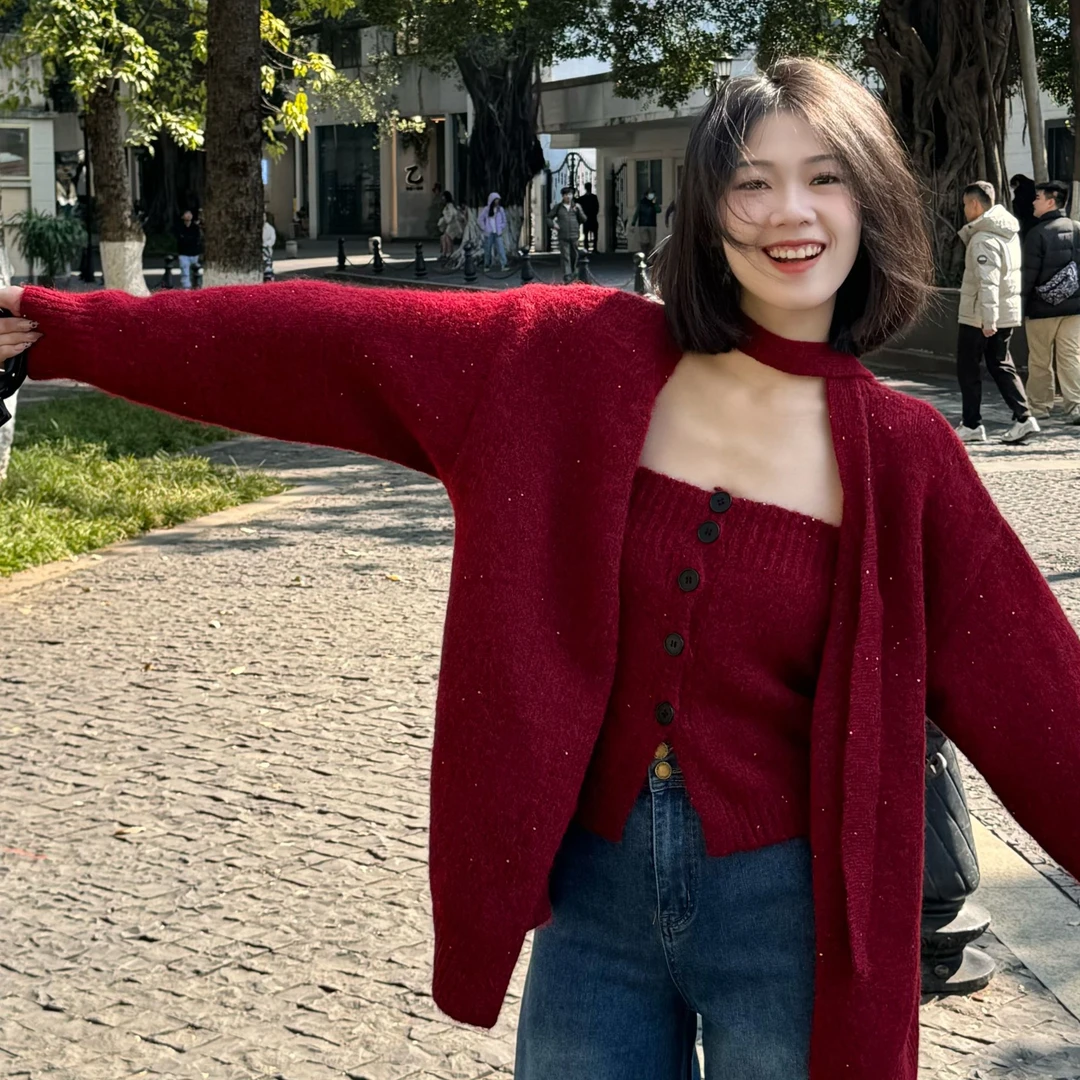 【福桃推荐】秋冬新款慵懒风纯欲抹胸上衣＋韩系外套毛衣两件套