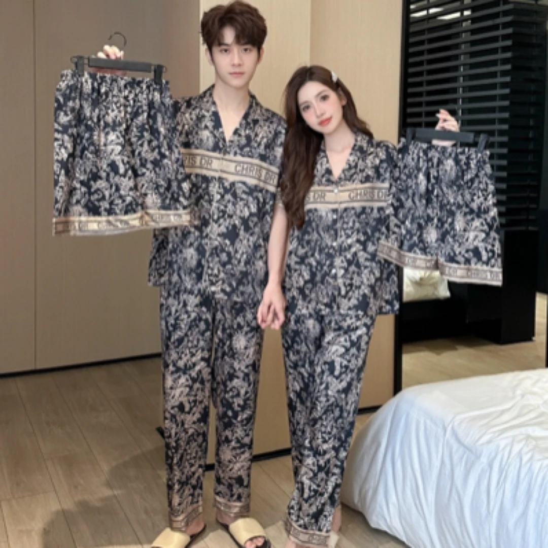 黑金限量冰丝情侣款睡衣男春秋季短袖短裤长裤三件套男夏季套装