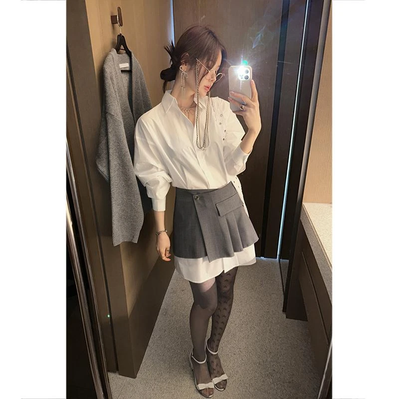 法式高级感白衬衣设计感中长款衬衫连衣裙女式百褶裙半身裙两件套