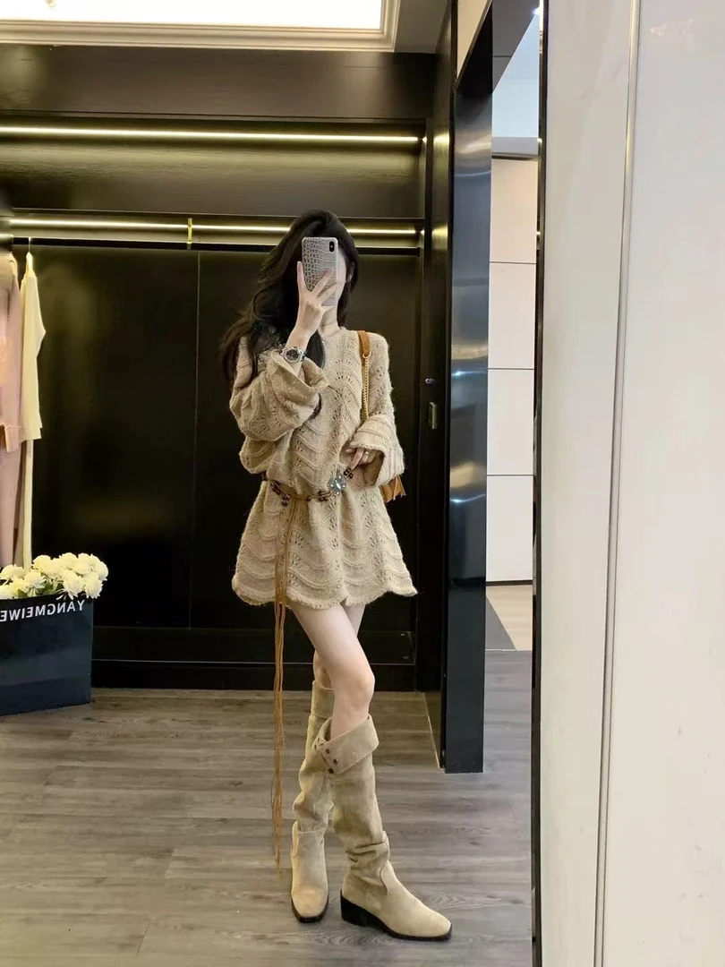 秋冬韩系慵懒风连衣裙高级超好看设计感收腰显瘦针织裙子小众女装