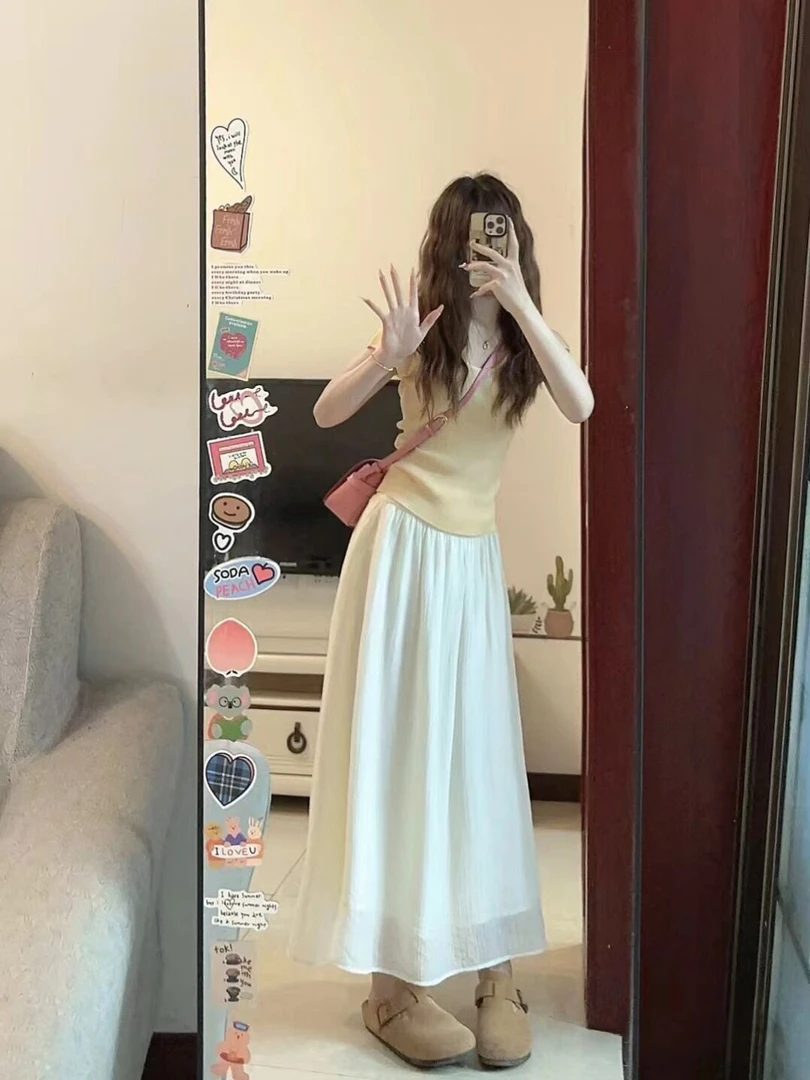 茶系轻奢针织短袖修身T恤上衣搭配高腰半身裙长裙女夏季两件套潮