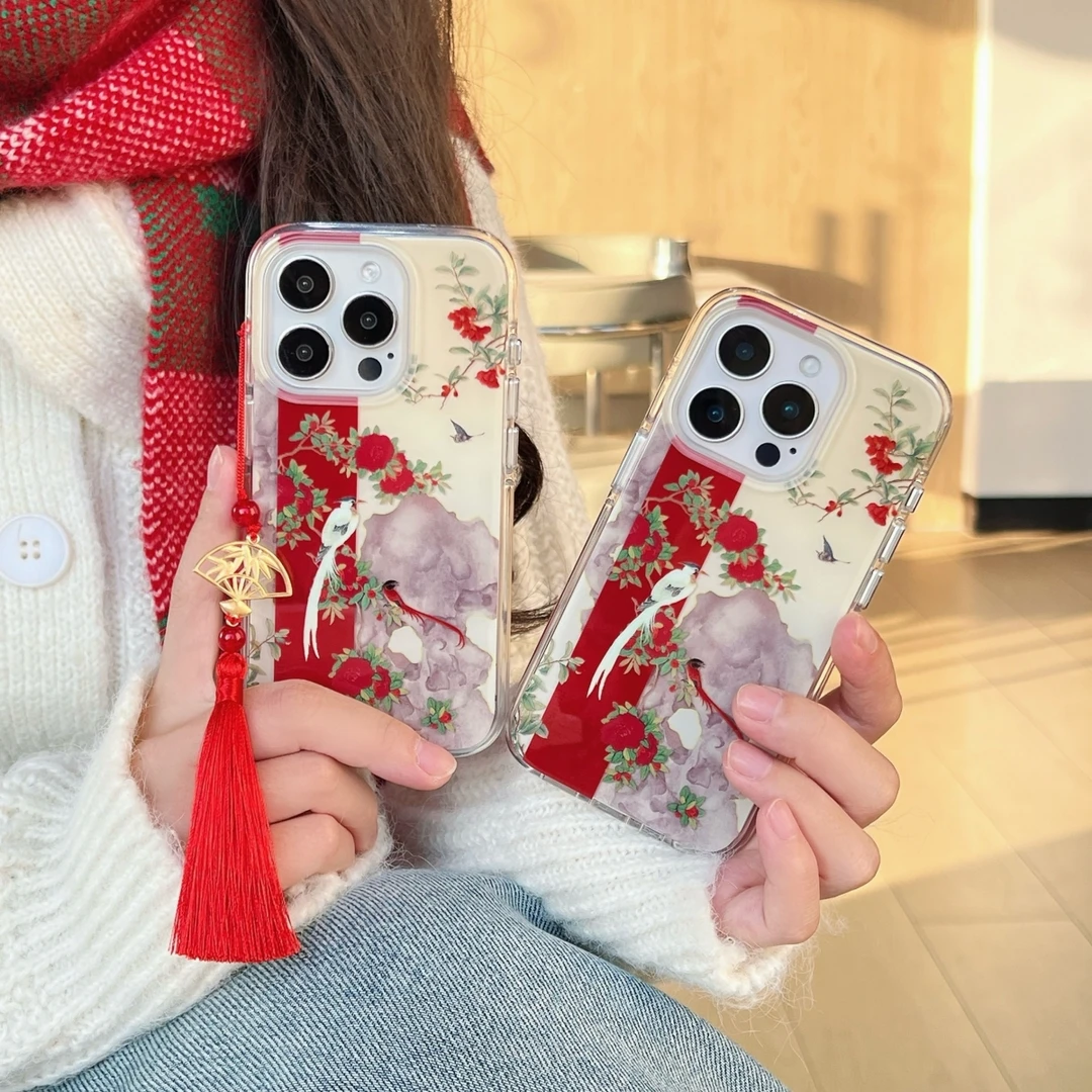 壳屁屁KPP可爱圆边双面IMD中国风红花喜鹊流苏ins韩系14适用16pr