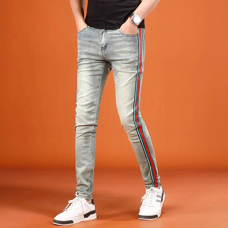 臣吾夏季薄款裤子男潮牌时尚拼接编织弹力男士牛仔裤修身小脚长裤