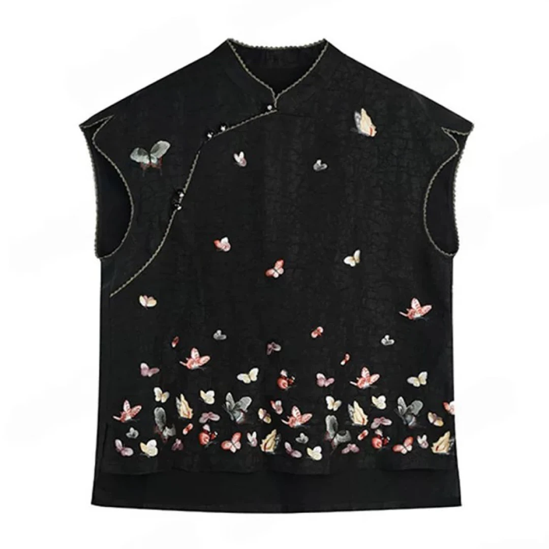 独特黑色龟裂纹重工蝴蝶刺绣衬衫新中式国风斜襟短袖上衣2025