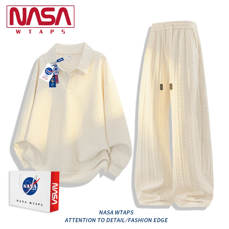 NASA WTAPS假两件提花polo衫套装男款春秋季新款宽松休闲运动套装